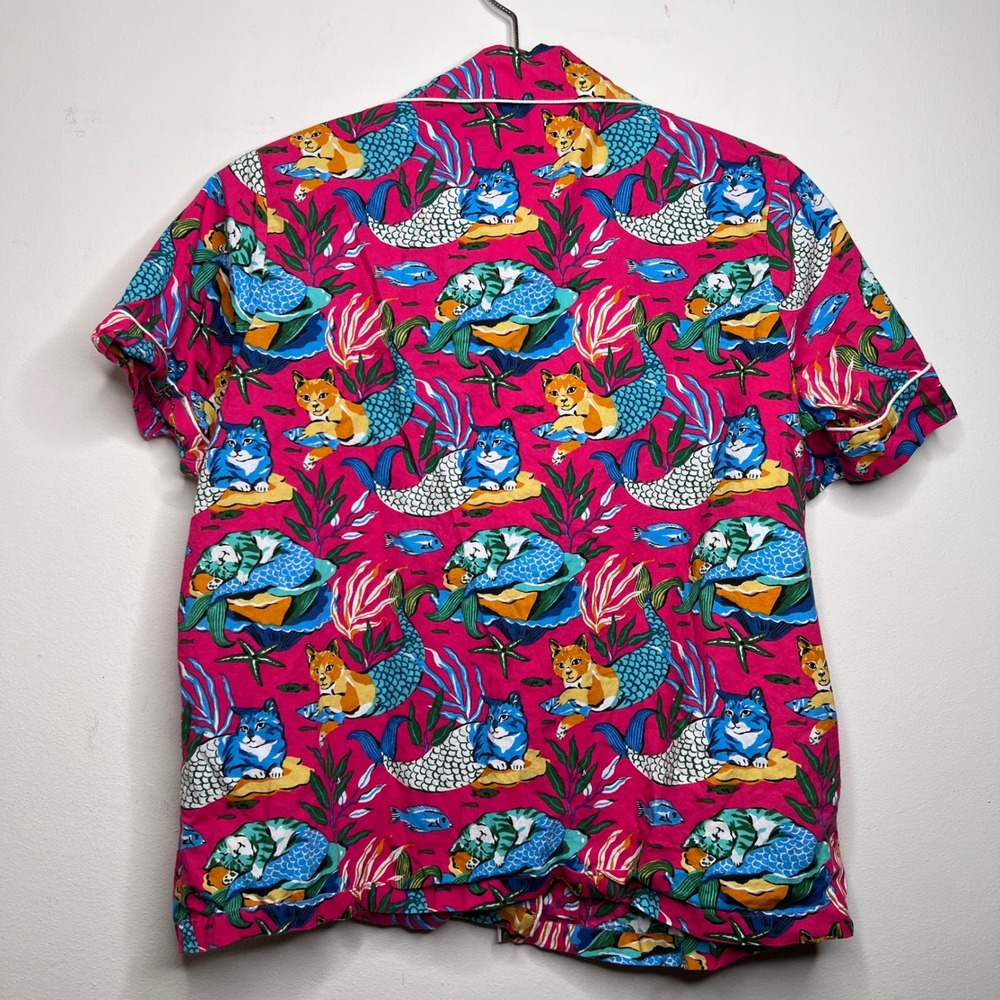 Printfresh Meowing Mermaids Cats Pink Organic Cotton Pajama Top XS Button Up - Picture 9 of 9